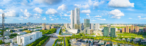Panoramic aerial view of Shanghai Zhangjiang Hi Tech Development Zone on sunny day.