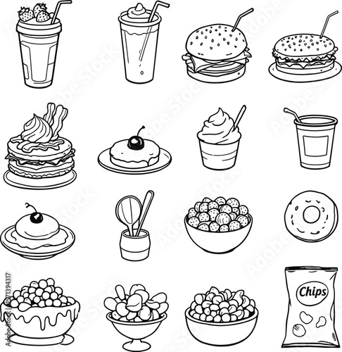 Monochrome Comfort Food & Dessert Doodle Featuring Pancakes, Burgers, Milkshakes, and Sweet Treats in a Playful Layout