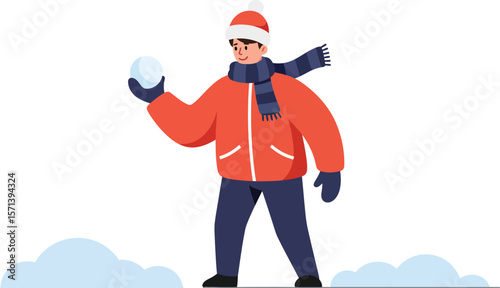 Boy Wearing Red Jacket and Santa Hat Holding Snowball in Winter Snow Scene Playing Outside