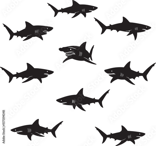 Silhouettes of various sharks swimming in different poses including an aggressive one
