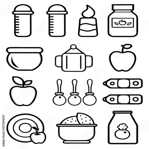 Baby feeding items and fruit icons baby bottle sippy cup