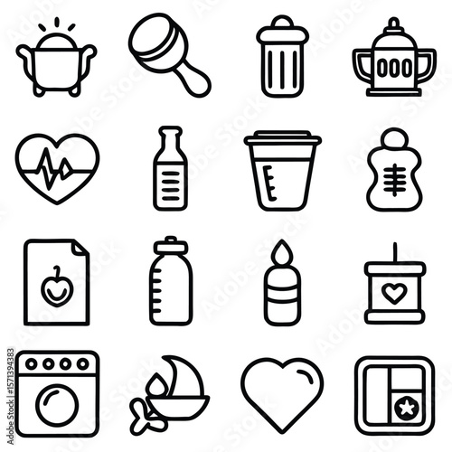 Collection of sixteen black and white line art icons depicting various objects and symbols maraca trash can