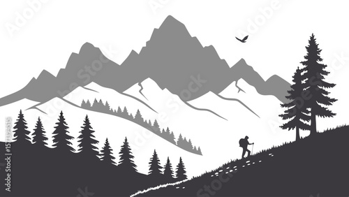 Silhouette illustration of a hiker climbing a mountain slope with trees and a bird in flight against a backdrop of mountain peaks.