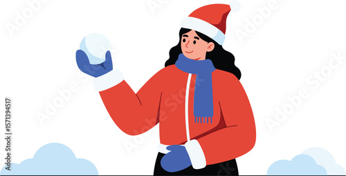 Woman wearing red jacket and santa hat holding snowball outdoors in winter scene with blue scarf and gloves
