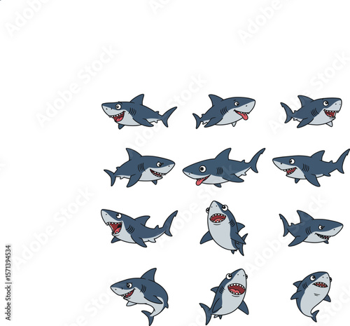 A lively collection of twelve cartoon shark characters in various playful poses and expressions perfect for children's designs and fun marine themes