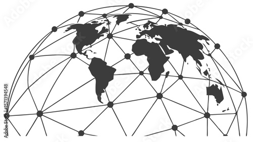 Global network connection visualized as a world map enveloped in a complex web of interconnected nodes.