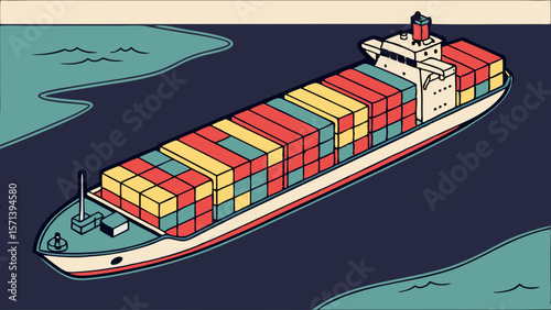 A container ship filled with colorful cargo boxes navigates a dark blue waterway with land on either side.