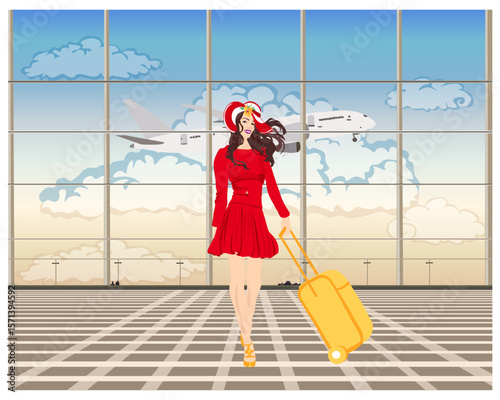 Happy woman with luggage at the airport is going on vacation. Air travel to warm countries. 
