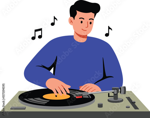 Young man playing vinyl record on turntable enjoying music with musical notes around him in blue sweater
