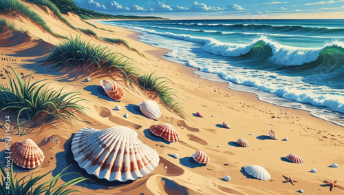 Seashells scattered on a sandy beach with waves crashing in the background on a sunny day.