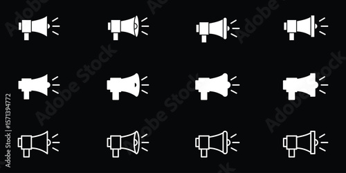 Megaphone icon. Loudspeaker vector set. Announcement sign. Marketing megaphone sign. Speaker volume icon with sound waves. Sound off and sound on vector icons. Sound speaker icon in black outline. 