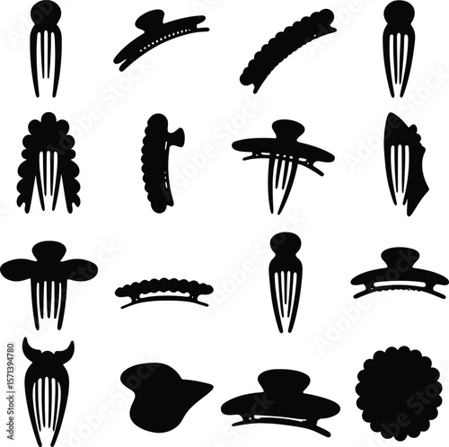 Hair Clips and Accessories Silhouette Vector Icon Set. Fashionable Hairpins, Claws, & Barrettes for Beauty, Style, and Hair Care Designs.