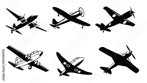 Six stylized black and white airplane silhouettes, various designs and angles.