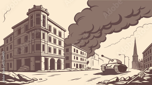 A tank advances through a war-torn city street; buildings are damaged and smoke rises from the destruction.