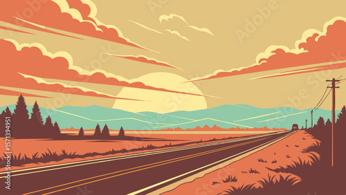 A stylized illustration of a highway stretching towards mountains under a sunset sky with clouds.