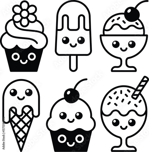 Kawaii Dessert Doodle Illustration Featuring Smiling Ice Cream, Cupcakes, Sundae, and Milkshake in a Monochrome Layout
