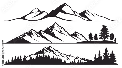 Three stylized black and white mountain range illustrations, featuring varying peak heights and tree lines.