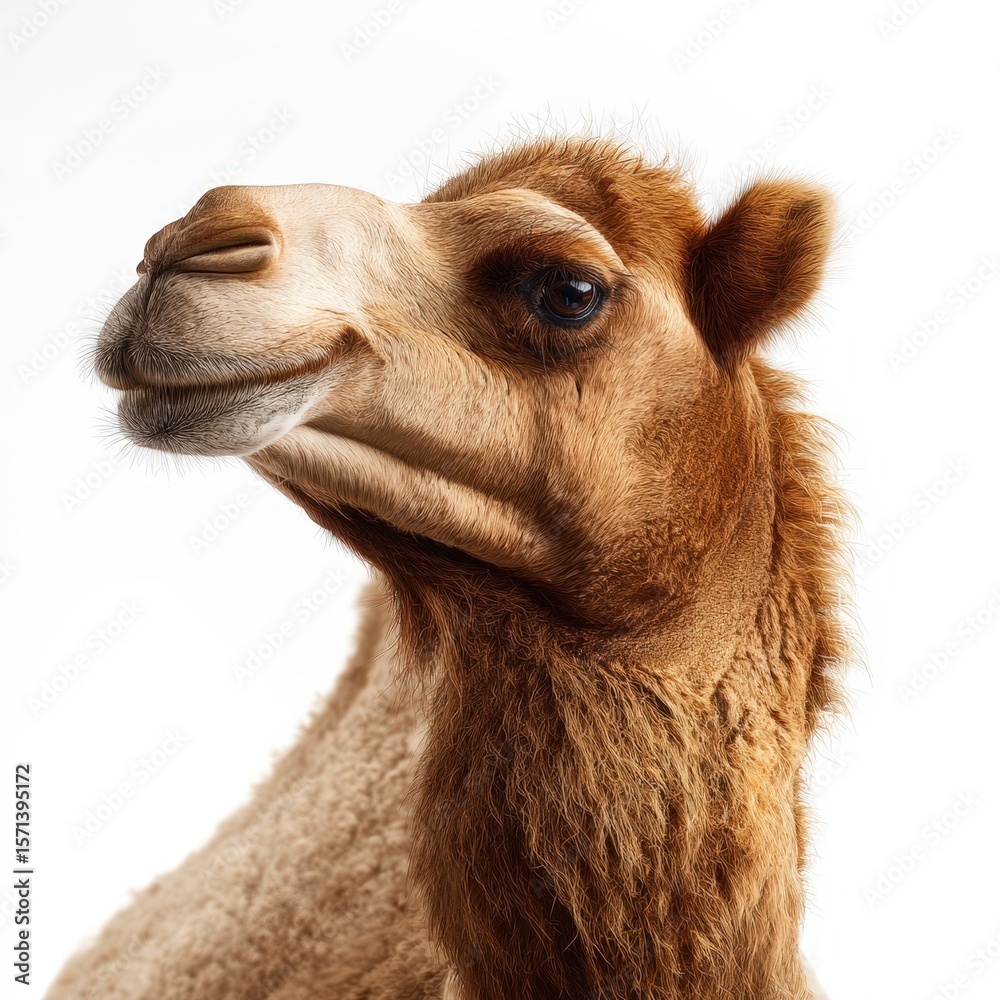 Obraz premium Close up Portrait of a Dromedary Camel Against White Background Soft Fur and Gentle Expression