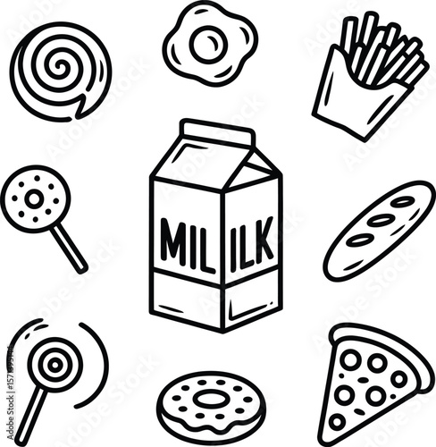 Monochrome Junk Food Doodle Illustration Featuring Classic Treats and Snacks in a Playful Minimalist Style