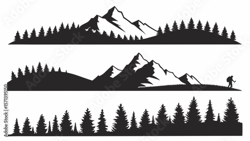 Silhouetted mountain ranges with dense forests and a hiker traversing the terrain.