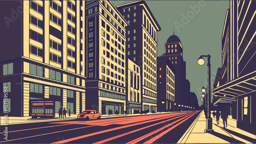 City street scene with tall buildings, a red car, and pedestrians under streetlights, rendered in a graphic style.