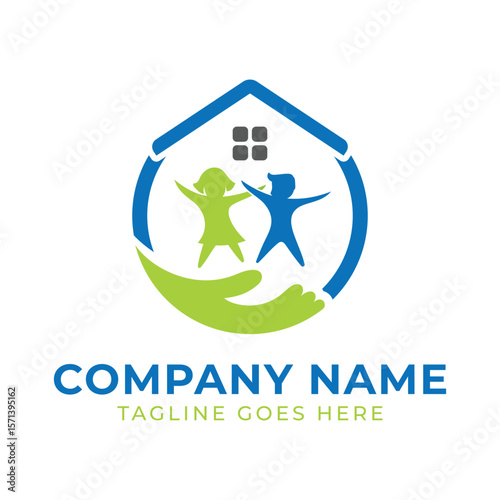 Caring Home Logo with Children and Protective Hand Vector Design for Childcare and Family Services Provider