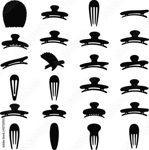 Hair Clips and Accessories Silhouette Vector Icon Set. Fashionable Hairpins, Claws, & Barrettes for Beauty, Style, and Hair Care Designs.