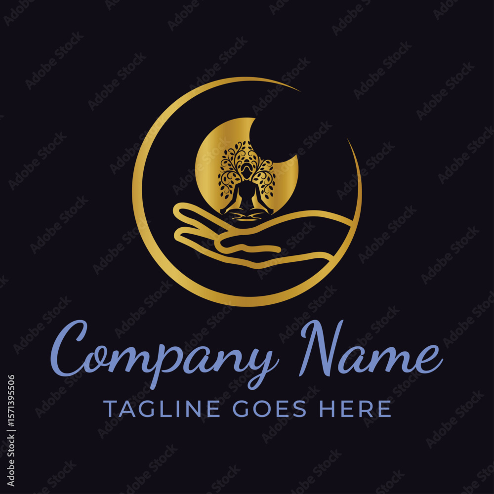 Fototapeta premium Holistic Wellness Logo Featuring a Meditating Figure and a Caring Hand in a Circular Design