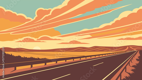 A long highway stretches towards the horizon under a colorful sunset sky.