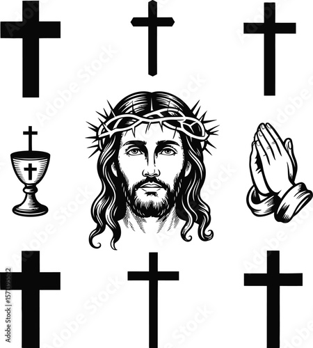 Monochrome Religious Symbol Illustration Featuring Crosses, Chalice, Praying Hands, and Crown of Thorns Headline in a Stylized Composition