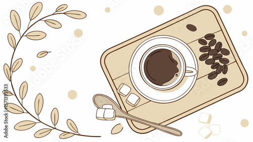 An illustration of a cup of coffee on a tray, with coffee beans, sugar cubes, a spoon, and a leafy branch.