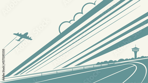 Airplane taking off from airport runway, stylized graphic design.