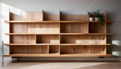 minimalist contemporary wooden bookshelves or bookcases with empty shelves in a modern clean home or office interior design versatile storage and display solution for books decor and organization
