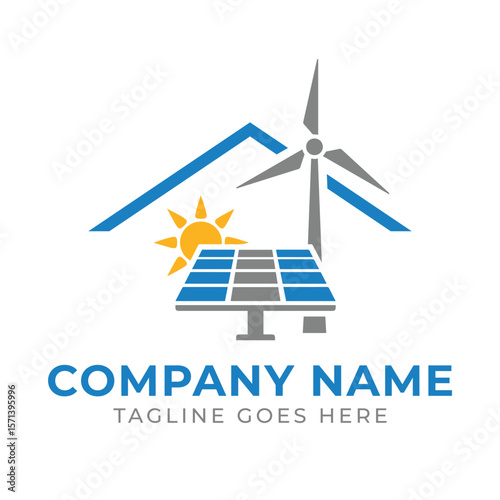 Clean Energy Company Logo Representing Sustainability and Renewable Resources with Solar Panel Wind Turbine and Bright Sun