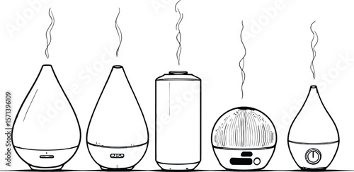 Minimalist Black-and-White Diffuser & Humidifier Icon Grid Featuring Vapor Emission and Device Variety in a Stylized Layout