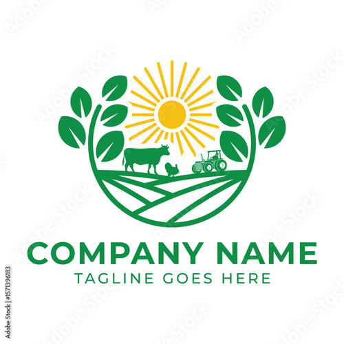 Organic Farm Logo Design Featuring Animals Tractor and Sunshine Ideal for Agricultural Businesses and Sustainable Farming Ventures