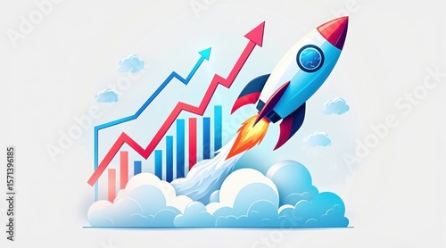 A rocket launches upward against a backdrop of rising bar and line graphs, symbolizing business growth and success.