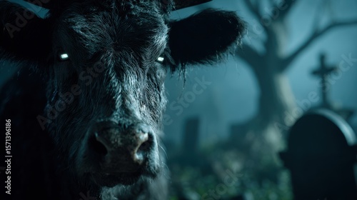 Spooky close-up of glowing-eyed cow in foggy graveyard at night