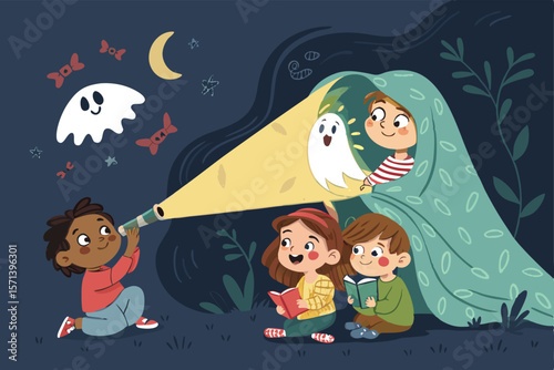 Vector illustration of diverse kids sitting, campfire, night, spooky stories, flashlight, shadows, fear, giggling, friendship, fun.
