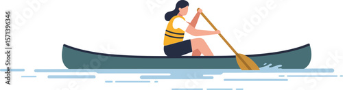 Woman paddling canoe on calm water in minimalistic style with blue and yellow colors