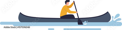 Man paddling canoe on calm water in minimalist flat design with splash and ripples illustration