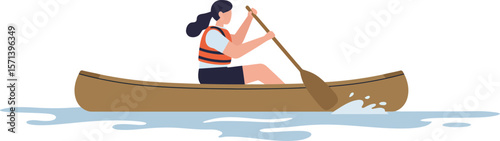 Woman paddling canoe on calm water in minimalistic style with natural colors and outdoor activity scene