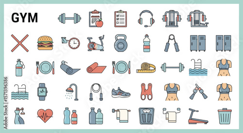 Gym workout fitness exercise healthy lifestyle training equipment vector set