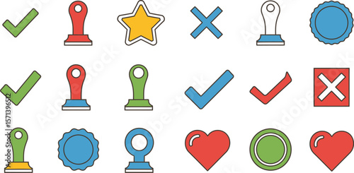 A collection of various colorful icons including check marks and stamps
