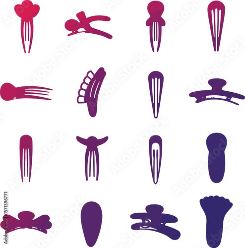 Hair Clips and Accessories Silhouette Vector Icon Set. Fashionable Hairpins, Claws, & Barrettes for Beauty, Style, and Hair Care Designs.