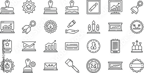 A collection of business and marketing icons in a line art style set