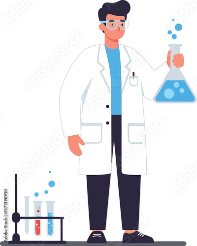 Male scientist conducting chemical experiment in laboratory with test tubes and flask in white coat and glasses