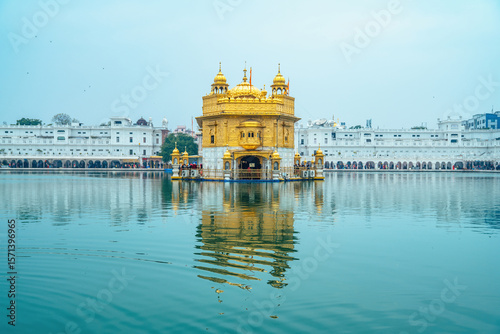 Golden Temple (Harmandir Sahib) in Amritsar, India. Sacred Sikh shrine covered in gold, surrounded by the holy Sarovar and known for its spiritual serenity.
