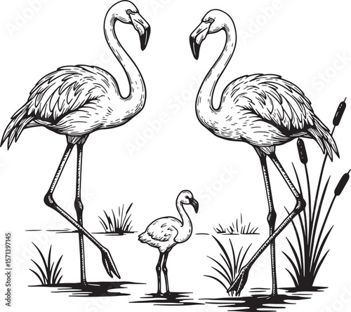 Flamingo family with baby and reeds hand drawn illustration