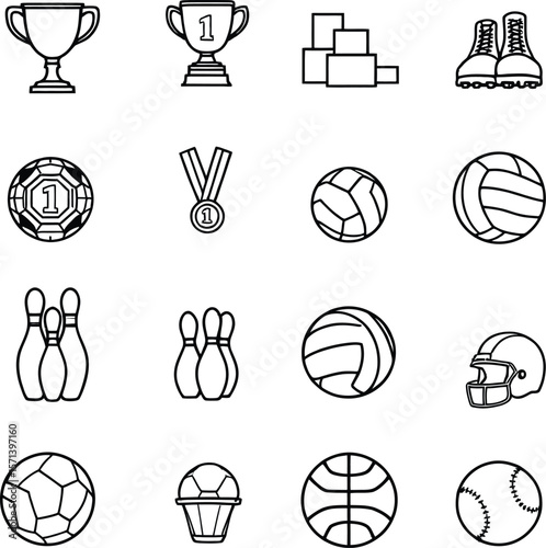 Monochrome Sports Icon Grid Featuring Balls, Gear, and Trophies in a Stylized Layout Highlighting Multiple Athletic Disciplines